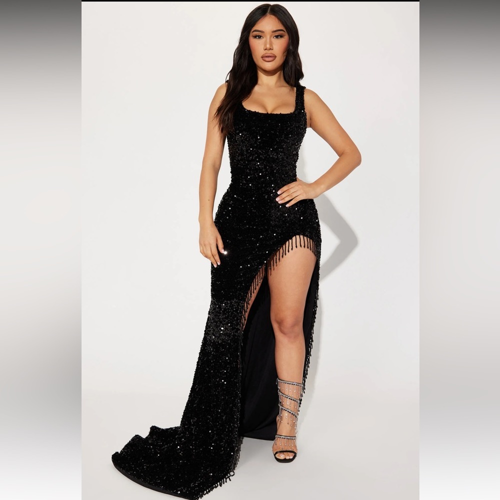 Embellished Sequin & Tassel Gown w/ Slit